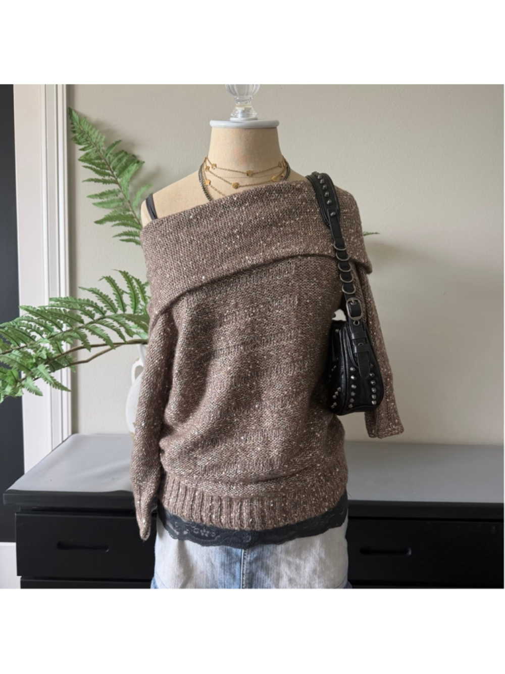 Y2K Gold Sequin Off Shoulder Knit Top Size 0 Soft Glam Layering Piece